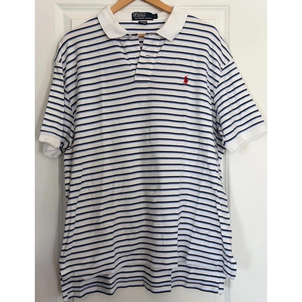 Ralph Lauren Striped Short Sleeve Polo Shirt Large L Navy Blue Golf Dress Casual